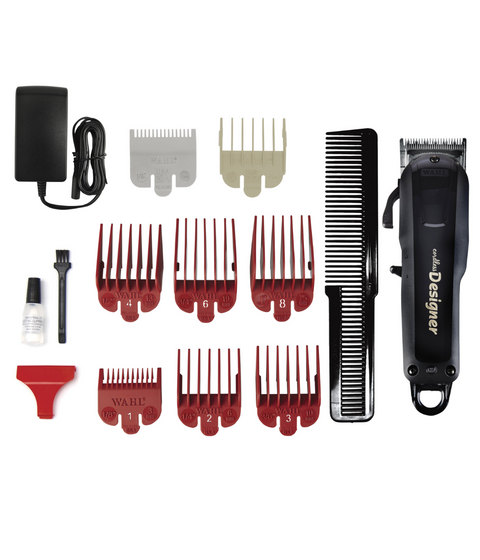 wahl pro cordless designer, 8 guides, charger, comb, brush, oil, guard